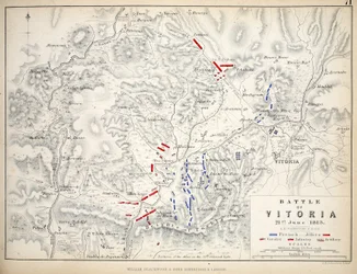 Kart over slaget ved Vitoria, utgitt av William Blackwood and Sons, Edinburgh og London, 1848 (håndfarget gravering)